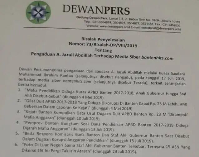 Dewan Pers Akhirnya Mengeluarkan Risalah Pengaduan Jazuli Abdillah Terhadap BantenHits